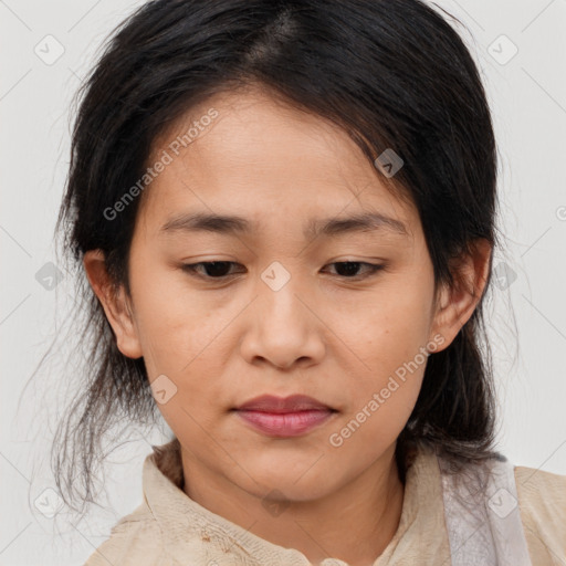 Joyful asian young-adult female with medium  brown hair and brown eyes