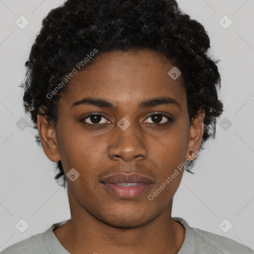 Neutral black young-adult female with short  black hair and brown eyes