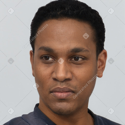 Neutral black young-adult male with short  black hair and brown eyes