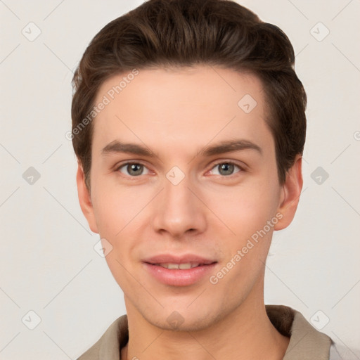 Neutral white young-adult male with short  brown hair and brown eyes