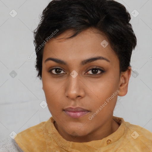 Neutral asian young-adult female with short  brown hair and brown eyes