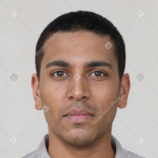 Neutral latino young-adult male with short  black hair and brown eyes