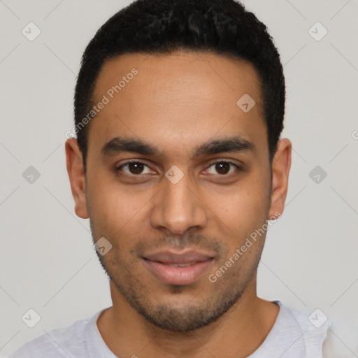 Neutral latino young-adult male with short  black hair and brown eyes