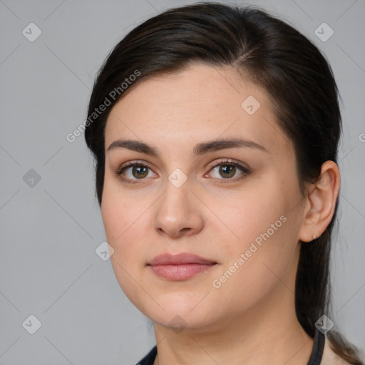 Neutral white young-adult female with medium  brown hair and brown eyes