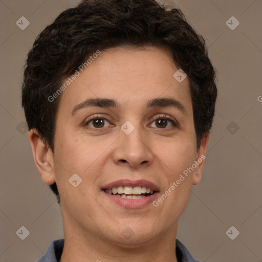 Joyful white adult female with short  brown hair and brown eyes