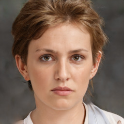 Neutral white young-adult female with short  brown hair and brown eyes