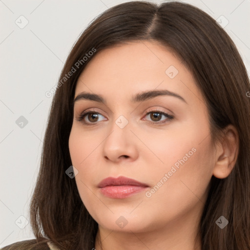 Neutral white young-adult female with long  brown hair and brown eyes