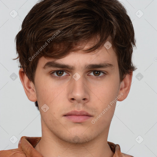 Neutral white young-adult male with short  brown hair and brown eyes