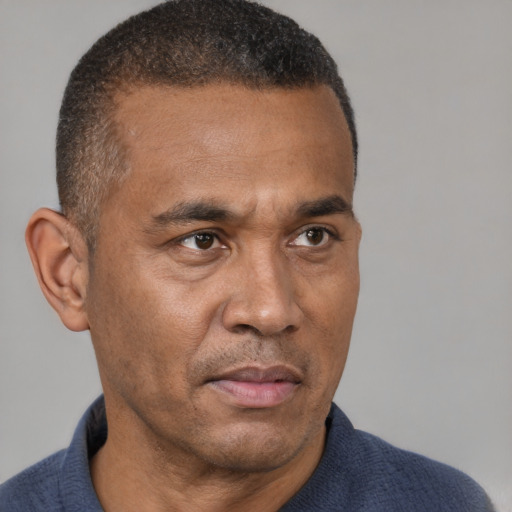 Neutral black adult male with short  brown hair and brown eyes