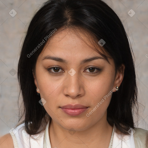 Neutral white young-adult female with medium  brown hair and brown eyes