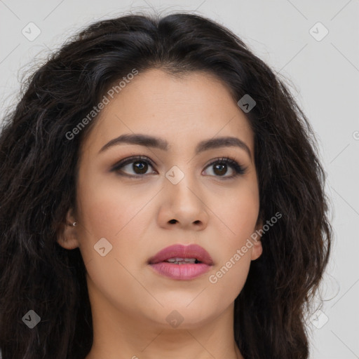 Joyful asian young-adult female with long  brown hair and brown eyes