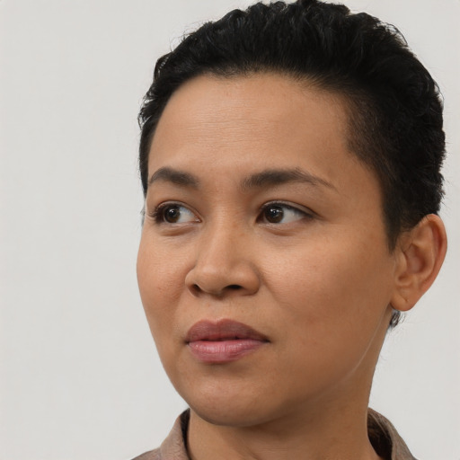 Joyful latino young-adult female with short  black hair and brown eyes