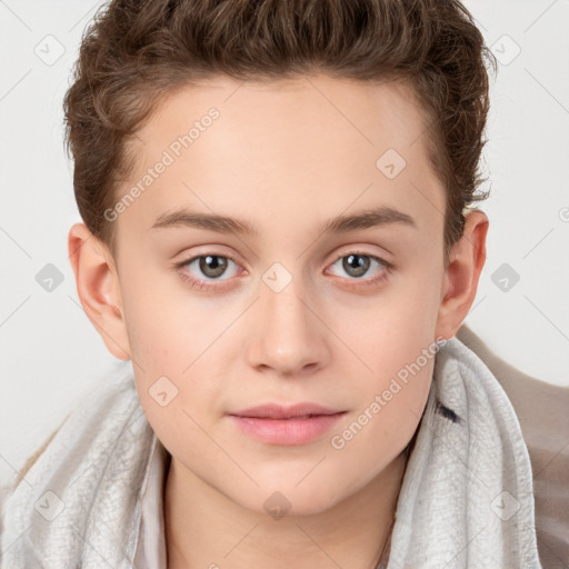 Joyful white child female with long  brown hair and brown eyes