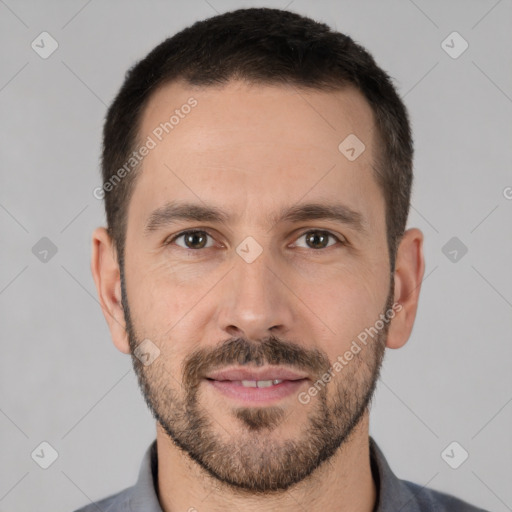 Neutral white young-adult male with short  brown hair and brown eyes