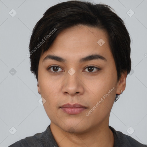 Neutral asian young-adult female with short  black hair and brown eyes