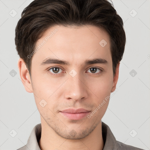 Neutral white young-adult male with short  brown hair and brown eyes