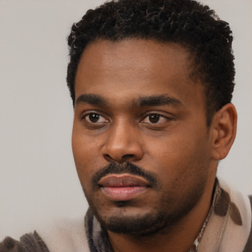 Neutral black young-adult male with short  black hair and brown eyes