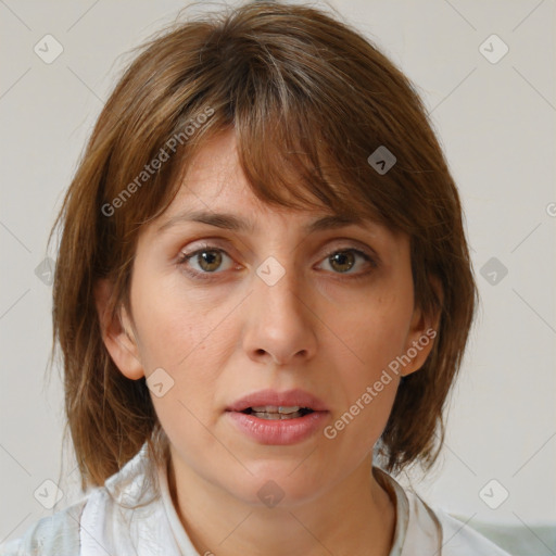 Neutral white young-adult female with medium  brown hair and brown eyes