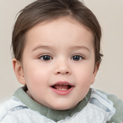 Joyful white child female with short  brown hair and brown eyes