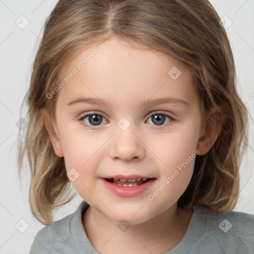 Joyful white child female with medium  brown hair and brown eyes