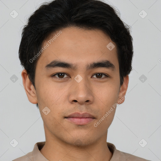 Neutral asian young-adult male with short  brown hair and brown eyes