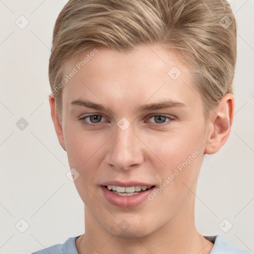 Joyful white young-adult female with short  brown hair and grey eyes