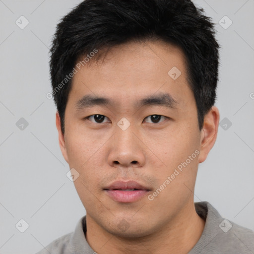 Neutral asian young-adult male with short  black hair and brown eyes