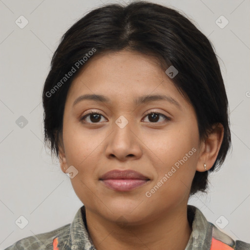 Joyful asian young-adult female with medium  brown hair and brown eyes