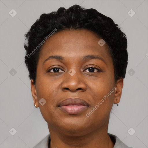 Joyful black adult female with short  brown hair and brown eyes