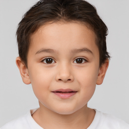 Joyful white child female with short  brown hair and brown eyes