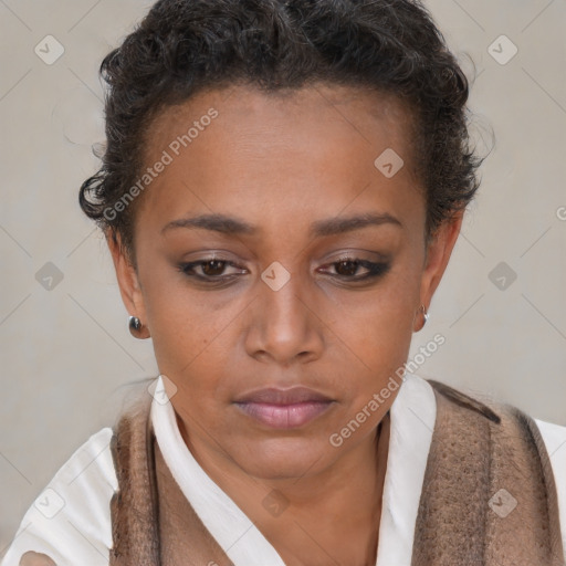 Neutral black young-adult female with short  brown hair and brown eyes