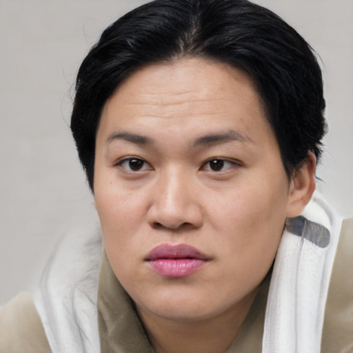 Joyful asian young-adult female with short  brown hair and brown eyes