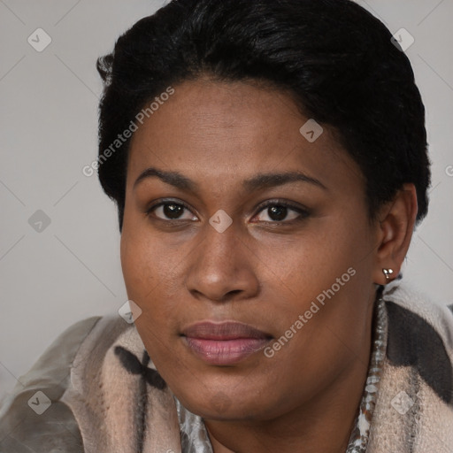 Joyful black young-adult female with short  black hair and brown eyes