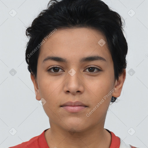 Neutral latino young-adult female with short  black hair and brown eyes