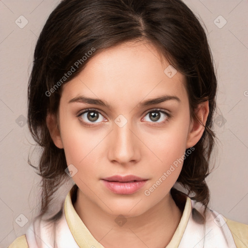 Neutral white young-adult female with medium  brown hair and brown eyes