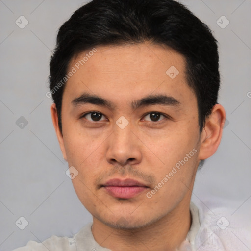 Neutral asian young-adult male with short  black hair and brown eyes