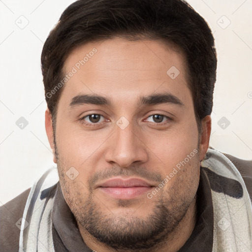 Joyful white young-adult male with short  brown hair and brown eyes