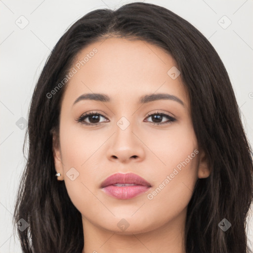 Neutral latino young-adult female with long  black hair and brown eyes