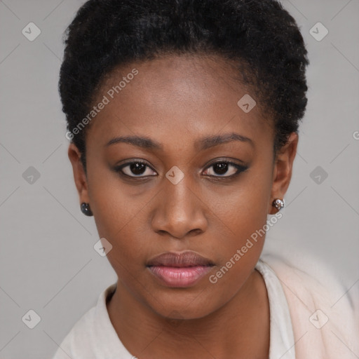 Neutral black young-adult female with short  brown hair and brown eyes