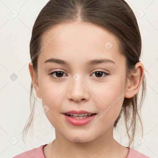 Joyful white child female with medium  brown hair and brown eyes