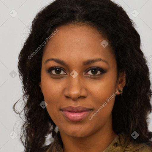 Joyful black young-adult female with long  brown hair and brown eyes