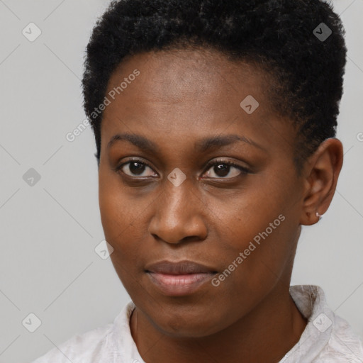 Neutral black young-adult female with short  brown hair and brown eyes