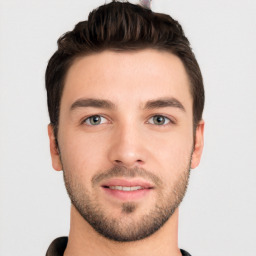 Neutral white young-adult male with short  black hair and brown eyes
