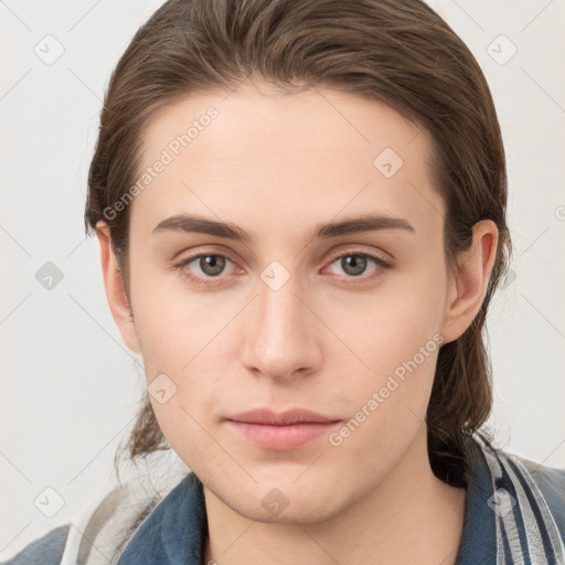 Neutral white young-adult female with medium  brown hair and grey eyes