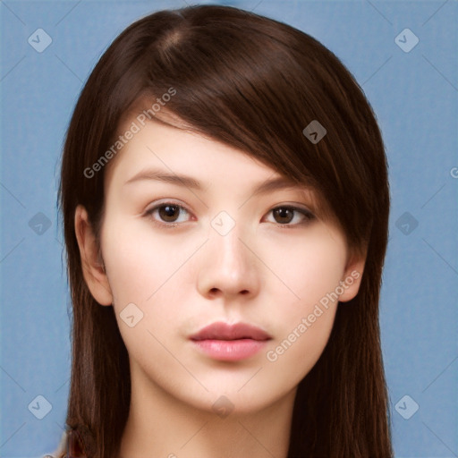 Neutral white young-adult female with long  brown hair and brown eyes