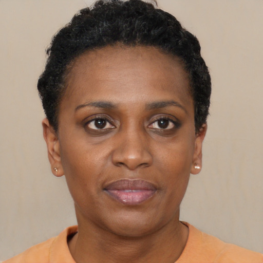 Neutral black young-adult female with short  black hair and brown eyes