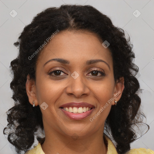 Joyful black young-adult female with medium  brown hair and brown eyes