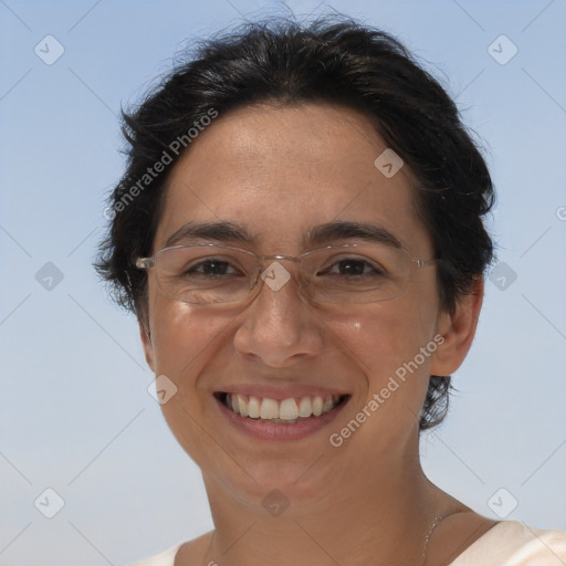 Joyful white adult female with short  brown hair and brown eyes