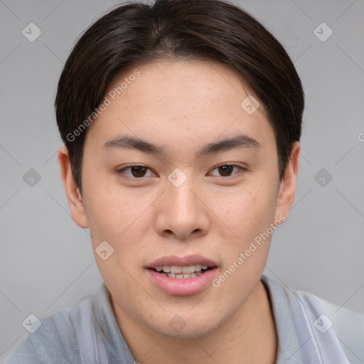 Joyful asian young-adult male with short  brown hair and brown eyes