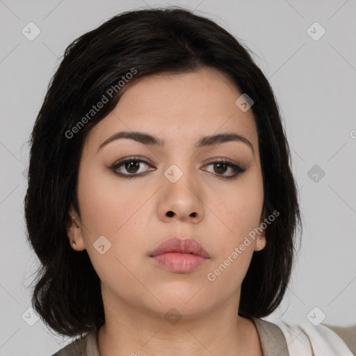 Neutral asian young-adult female with medium  brown hair and brown eyes